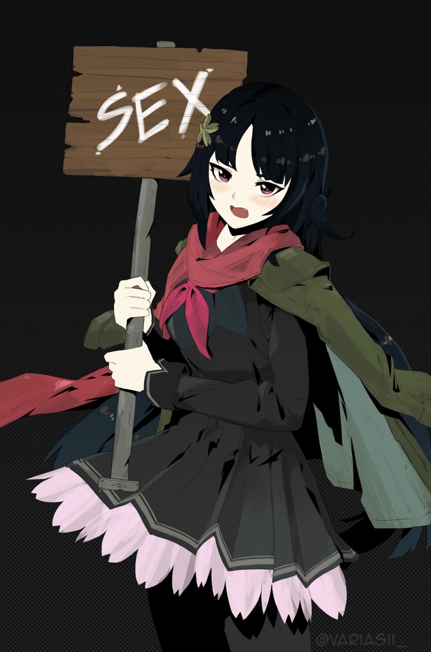 absurdres black_hair black_serafuku blush english_text fang girls&#039;_frontline green_jacket hair_ornament highres holding holding_sign jacket jacket_on_shoulders long_hair long_sleeves looking_at_viewer open_mouth pink_eyes red_scarf scarf school_uniform serafuku sign twitter_username type_100_(girls&#039;_frontline) variasii
