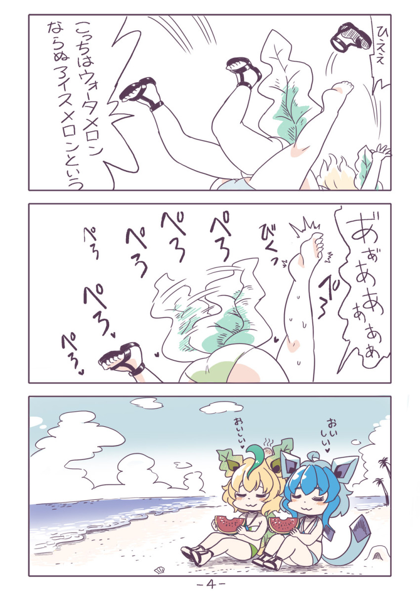 2girls :3 ahoge beach bikini black_footwear blonde_hair blue_bikini blue_hair closed_eyes closed_mouth commentary_request cookie_(touhou) eating food fruit full_body gen_4_pokemon glaceon green_bikini heart highres leafeon multicolored_hair multiple_girls nintendo nyon_(cookie) pokemon sand sandals short_hair sitting smile swimsuit tail tail_wagging translation_request tsuzuchii two-tone_hair watermelon yuri
