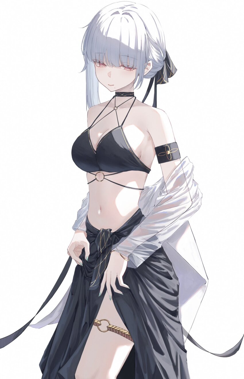 1girl alternate_costume armband bare_shoulders bikini bikini_top_only black_armband black_bikini black_ribbon black_sarong breasts celly_(mogmog_99) cleavage closed_mouth commentary_request cowboy_shot crescent crescent_hair_ornament fingernails grey_nails hair_ornament hair_ribbon highres long_fingernails medium_breasts mole mole_under_mouth nail_polish navel o-ring o-ring_thigh_strap red_eyes ribbon sanhua_(wuthering_waves) sarong short_hair sidelocks simple_background smile solo stomach swimsuit swimsuit_cover-up thigh_strap white_background wuthering_waves