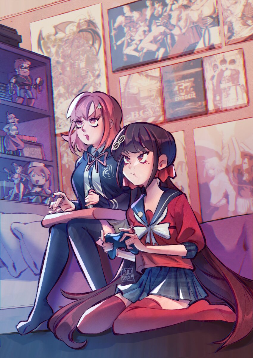 2girls absurdly_detailed_composition absurdres arcueid_brunestud black_sailor_collar black_thighhighs blunt_bangs bow bowtie brown_hair commentary controller copyright_request danganronpa_(series) danganronpa_2:_goodbye_despair danganronpa_v3:_killing_harmony darkstalkers english_commentary eyelashes fatal_fury figure flipped_hair galaga game_controller hair_ornament hair_scrunchie harukawa_maki hellshake_yuli highres holding holding_controller holding_game_controller hope&#039;s_peak_academy_school_uniform indoors loaded_interior long_hair long_sleeves low_twintails medium_hair melty_blood mole mole_under_eye multiple_girls nanami_chiaki neck_ribbon on_bed on_floor pink_ribbon playing_games pleated_skirt poster_(object) pout red_eyes red_scrunchie red_shirt red_thighhighs ribbon sailor_collar school_uniform scrunchie seiza shelf shiranui_mai shirt sion_eltnam_(type-moon) sion_eltnam_atlasia sitting skirt spaceship_hair_ornament the_king_of_fighters thighhighs tsukihime twintails two-tone_shirt white_bow white_bowtie