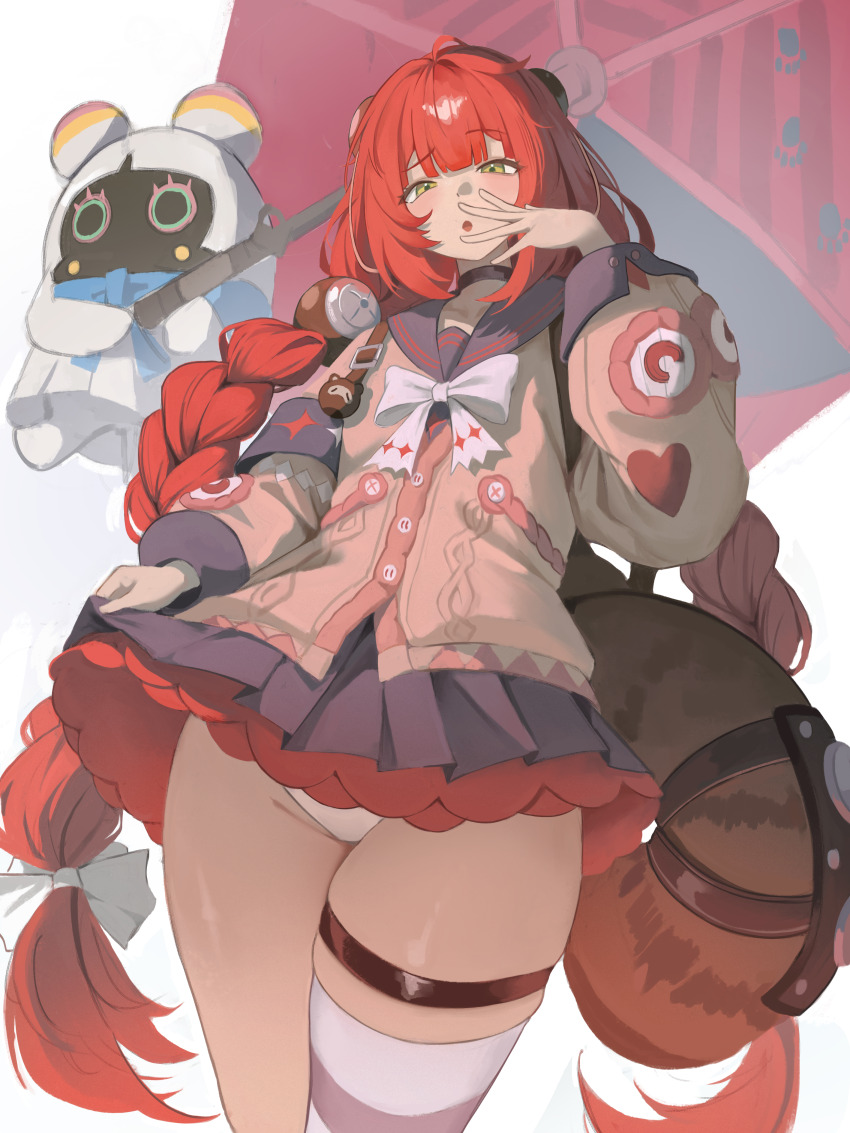 1girl :o absurdres bangboo_(zenless_zone_zero) black_choker bow braid brown_cardigan cardigan choker clothes_lift crunchy_(namtaehyeon1234) from_below green_eyes hair_bow highres looking_at_viewer open_mouth panties pink_thighhighs purple_sailor_collar purple_skirt red_hair sailor_collar single_thighhigh skirt skirt_lift solo striped_clothes striped_thighhighs thigh_strap thighhighs twin_braids ukinami_yuzuha underwear upskirt white_bow white_panties zenless_zone_zero