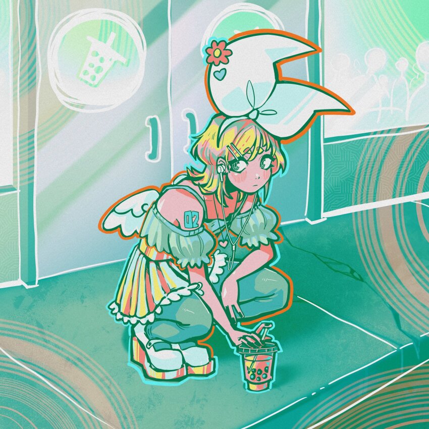 1girl angel_wings black_nails blonde_hair blue_eyes bow bow_flower bubble_tea closed_mouth earphones eerieelixir frilled_skirt frills green_shirt hair_bow hair_ornament hairclip heart heart_necklace high-waist_skirt highres jewelry kagamine_rin looking_to_the_side mary_janes necklace off-shoulder_shirt off_shoulder pantyhose pleated_skirt ringed_eyes shirt shoes short_hair shoulder_tattoo skirt solo squatting tattoo vocaloid white_bow white_shoes white_wings wings yellow_skirt