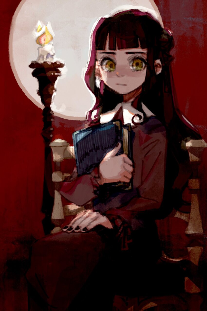 1girl abstract_background alternate_costume alternate_hair_color black_hair black_nails blunt_bangs book candle candlestand chair circle collared_dress dress expressionless feet_out_of_frame fujii_tomo hand_on_lap highres holding holding_book holding_to_chest idolmaster idolmaster_cinderella_girls imay3927 long_hair looking_at_viewer on_chair red_background red_dress sidelocks sitting solo yellow_eyes