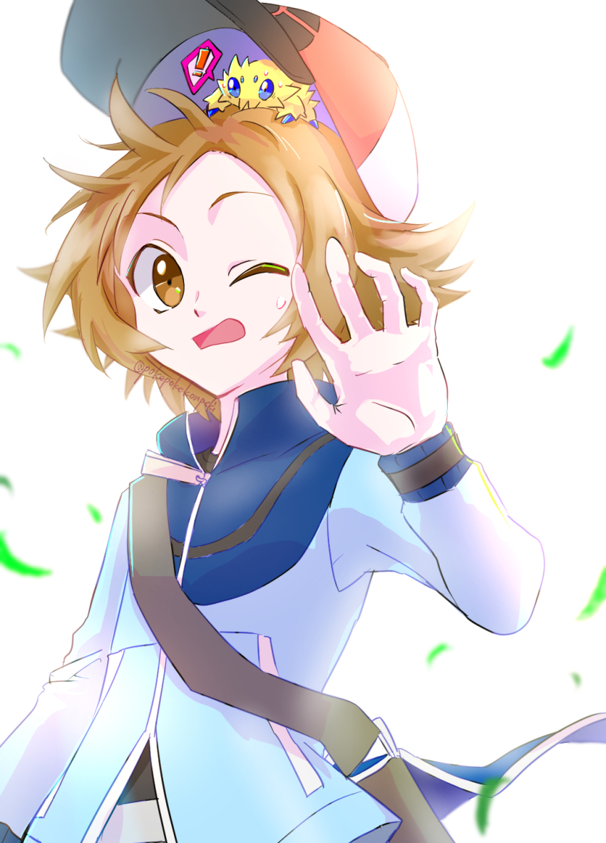 1boy blue_jacket brown_eyes brown_hair gen_5_pokemon hat highres hilbert_(pokemon) jacket joltik long_sleeves looking_at_viewer male_focus nintendo on_head one_eye_closed open_mouth pokemon pokemon_(creature) pokemon_bw pokemon_on_head pokepokekonpeki short_hair sweatdrop twitter_username white_background