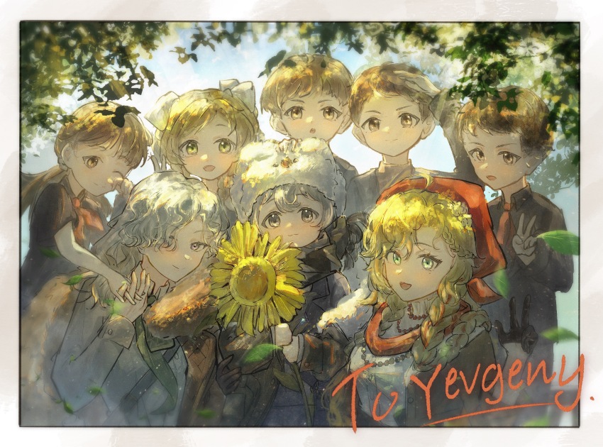 4boys 4girls :3 :d :o ;) absurdres aqua_eyes avgust_(reverse:1999) blonde_hair blue_sky braid brown_eyes brown_gloves brown_hair brown_jacket coat curly_hair dappled_sunlight english_text fake_photograph flower fur_hat gloves green_necktie grey_coat grey_eyes grey_hair grey_scarf hair_over_one_eye hand_up hat headscarf highres holding holding_flower holding_hands interlocked_fingers jacket long_hair mangxia_xiang_chi_mangguo multiple_boys multiple_girls necktie nina_(reverse:1999) one_eye_closed one_eye_covered open_mouth purple_eyes red_scarf reverse:1999 scarf shirt short_hair sky smile sunflower sunlight teacher_and_student tree twin_braids upper_body ushanka v vila_(reverse:1999) w white_hair white_hat white_shirt windsong_(reverse:1999) yellow_flower