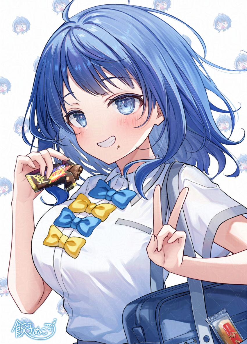 1girl absurdres ahoge bag blue_bow blue_bowtie blue_eyes blue_hair blush bow bowtie breasts collared_shirt eating food food_on_face grin gyozanuko highres holding holding_food large_breasts looking_at_viewer make_heroine_ga_oo_sugiru! medium_hair raised_eyebrows school_bag school_uniform shirt short_sleeves smile solo v wavy_hair white_shirt yanami_anna yellow_bow yellow_bowtie