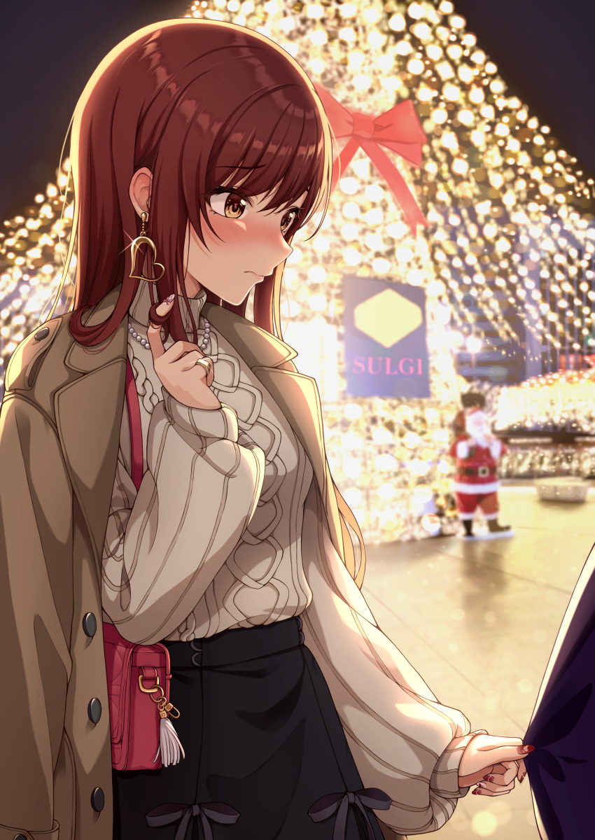 1girl absurdres blush closed_mouth coat coat_on_shoulders earrings embarrassed hand_up highres idolmaster idolmaster_shiny_colors jewelry long_hair long_sleeves nail_polish necklace night osaki_amana pinching_sleeves playing_with_hair playing_with_own_hair producer_(idolmaster) red_hair ribbed_sweater ring sleeves_past_wrists solo_focus straight_hair sulgi_park sweater swept_bangs twirling_hair white_coat yellow_eyes