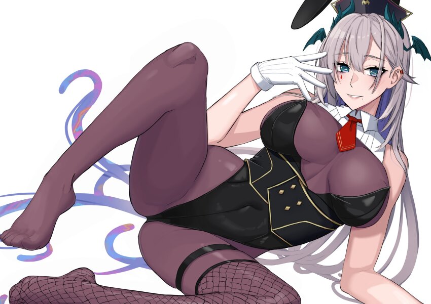 1girl animal_ears black_hat black_leotard blue_eyes bodystocking breasts covered_navel ear_ornament eyelashes fake_animal_ears feet fishnet_thighhighs fishnets grey_hair hair_between_eyes hat head_wings highleg highleg_leotard highres horizontal_pupils indie_virtual_youtuber kuon_bb large_breasts leotard long_hair looking_at_viewer mole mole_under_mouth necktie no_shoes playboy_bunny pochimaru_(vtuber) rabbit_ears rectangular_pupils red_necktie short_necktie single_thighhigh smile solo strapless strapless_leotard teardrop_facial_mark tentacle_hair thigh_strap thighhighs thighhighs_over_bodystocking virtual_youtuber wings
