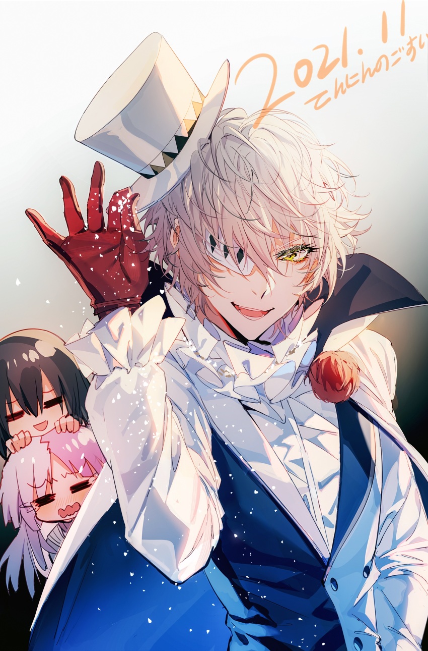 3boys =_= absurdres baocaizi black_hair bungou_stray_dogs cape dated eyelashes eyepatch fyodor_dostoyevsky_(bungou_stray_dogs) gloves hair_between_eyes hat highres long_hair long_sleeves male_focus meme multicolored_hair multiple_boys nikolai_gogol_(bungou_stray_dogs) open_mouth purple_hair red_gloves salt_bae_(meme) scar scar_across_eye scar_on_face shirt sigma_(bungou_stray_dogs) smile split-color_hair sprinkling top_hat two-tone_hair upper_body vest white_cape white_hair white_hat white_shirt yellow_eyes
