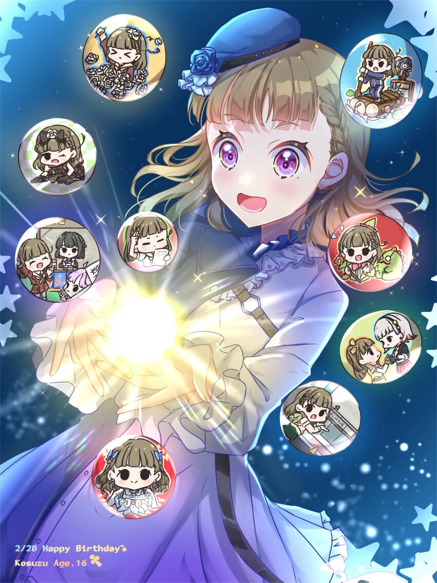 &gt;_&lt; 1girl :d ^_^ anyoji_hime aurora_flower_(love_live!) badge beret black_bow black_dress black_hairband blue_background blue_coat blue_hat blue_jacket blue_pants blurry blurry_background bow braid brown_hair butterfly_hair_ornament button_badge center-flap_bangs character_age character_name closed_eyes coat dated dress flower food_stand frilled_dress frills gonzales_(love_live!) green_hat green_skirt hair_bow hair_flower hair_ornament hairband half-coat happy_birthday hasu_no_sora_gym_uniform hat highres holding holding_ribbon jacket kachimachi_kosuzu kachimachi_kosuzu_(birdcage_casual) ladybug_(love_live!) link!_like!_love_live! long_hair long_sleeves love_live! lower_teeth_only momose_ginko official_alternate_costume open_mouth pants party_hat pink_eyes proof_(love_live!) raft ribbon rose rowing sakari_(pear_8_ll) side_braids skirt smile solo sparkle sparkly_spot_(love_live!) star_hairband straight_hair stuffed_dinosaur teeth too_many_flowers track_pants track_suit virtual_youtuber white_dress white_flower white_rose yugiri_tsuzuri
