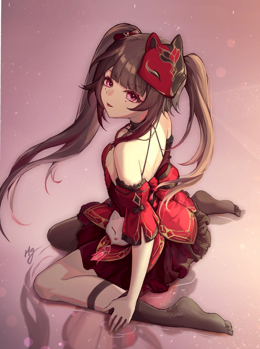 1girl absurdres back bare_shoulders black_thighhighs blurry bokeh breasts brown_hair butterfly-shaped_pupils chinese_commentary choker depth_of_field detached_sleeves dress fox_mask frills full_body gradient_background hair_ornament highres honkai:_star_rail honkai_(series) honkai_impact_3rd kneehighs kneeling long_hair looking_at_viewer mark_under_both_eyes mask mask_on_head no_shoes official_alternate_costume on_water open_mouth red_dress red_eyes red_sleeves shuiyinzijun sidelocks signature sitting sitting_on_water small_breasts socks solo sparkle_(fictitious_game)_(honkai:_star_rail) sparkle_(honkai:_star_rail) symbol-shaped_pupils thigh_strap thighhighs tongue tongue_out twintails wariza