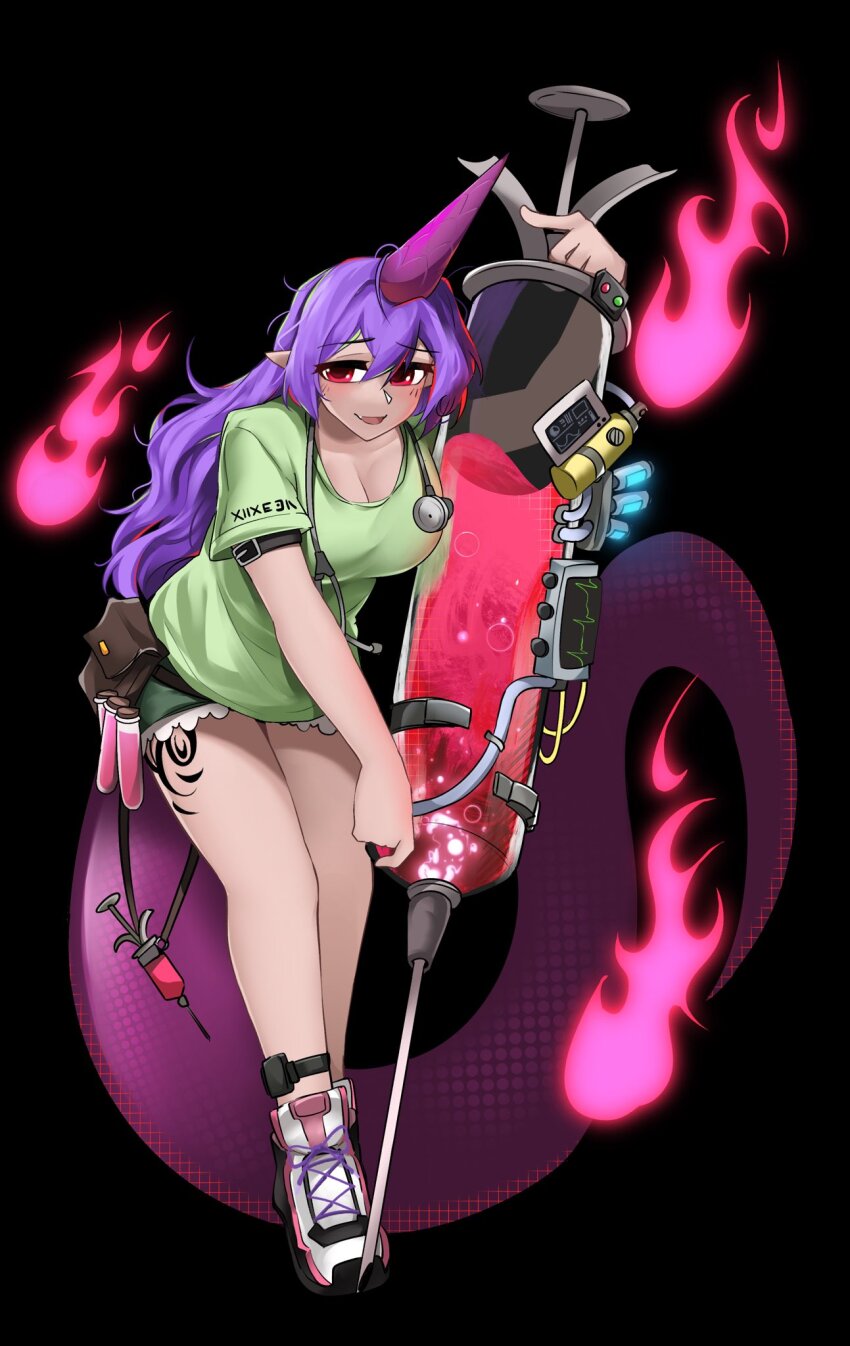 1girl black_background breasts cleavage clothes_writing commentary english_commentary fire full_body green_shirt green_shorts highres holding holding_syringe horns lizard_tail long_hair looking_at_viewer pointy_ears protected_link purple_hair shirt shoes shorts simple_background single_horn sneakers solo statisticstater syringe tail tattoo tenkajin_chiyari test_tube touhou white_shoes