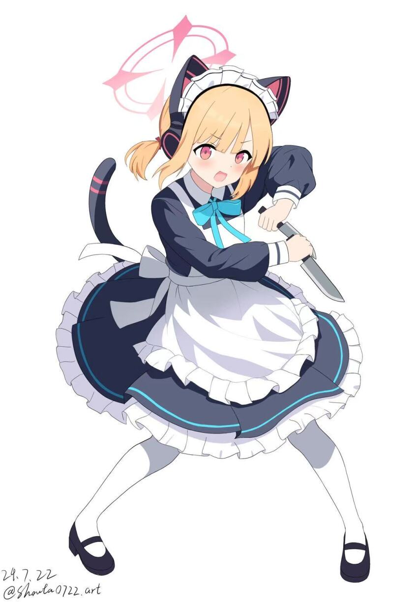 1girl 2024 animal_ear_headphones animal_ears apron aqua_bow aqua_bowtie artist_name back_bow black_dress black_shoes black_tail blonde_hair blue_archive blush bow bowtie cat_ear_headphones cat_ears cat_tail chinese_commentary collared_dress commentary_request contrast_collar dated death_momoi_(meme) dot_nose dress dual_wielding fake_animal_ears fake_tail fighting_stance frilled_apron frilled_dress frills full_body hair_ribbon headphones highres holding holding_knife jpeg_artifacts knife legs_apart long_sleeves looking_at_viewer maid maid_apron maid_headdress mary_janes meme momoi_(blue_archive) momoi_(maid)_(blue_archive) official_alternate_costume official_alternate_hairstyle open_mouth pantyhose parted_bangs pink_eyes puffy_long_sleeves puffy_sleeves red_ribbon reverse_grip ribbon shoes short_hair short_twintails shouta0722 sidelocks simple_background smile solo standing tail tail_raised twintails v-shaped_eyebrows white_apron white_background white_bow white_headdress white_pantyhose