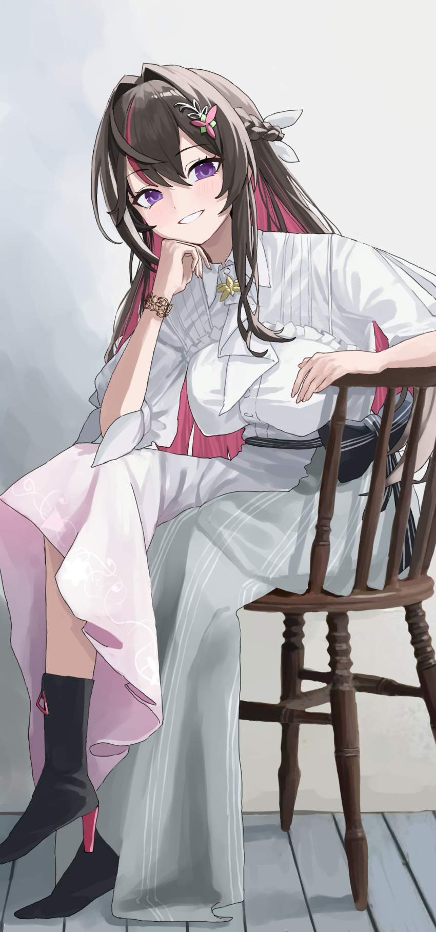 1girl absurdres arm_support art_mu azki_(hololive) black_footwear black_hair braid breasts colored_inner_hair dress hair_ornament high_heels highres hololive large_breasts multicolored_hair on_chair open_mouth pink_hair purple_eyes short_sleeves sitting smile solo streaked_hair virtual_youtuber white_dress