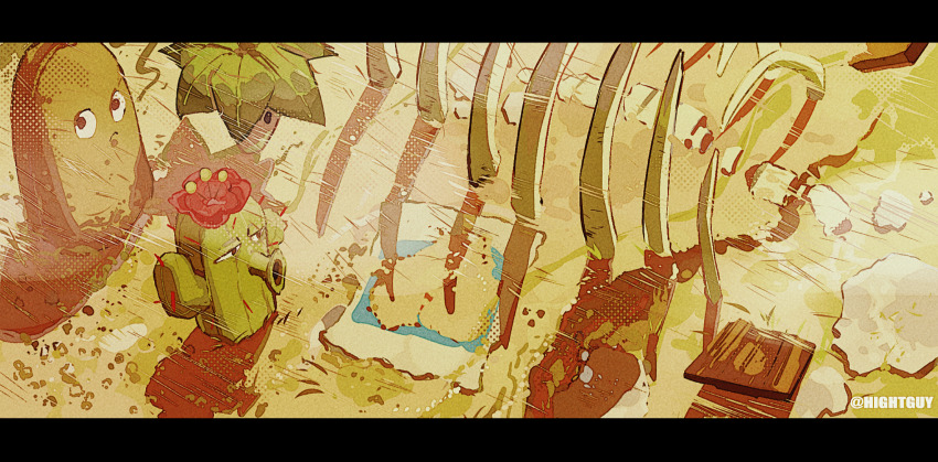 cactus cactus_(plants_vs_zombies) highres hightguy letterboxed no_humans pants plant plants_vs_zombies soil tall-nut_(plants_vs_zombies) umbrella_leaf_(plants_vs_zombies)
