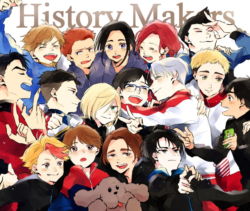 10s 2girls 6+boys ^_^ beard black_hair blonde_hair blue-framed_eyewear blue_eyes blush brown_eyes brown_hair christophe_giacometti dog emil_nekola english_text closed_eyes facial_hair fang georgi_popovich glasses green_eyes grey_eyes hair_over_one_eye it&#039;s_j.j._style! jacket jean-jacques_leroy jewelry ji_guang-hong katsuki_yuuri lee_seung-gil leo_de_la_iglesia makkachin michele_crispino mila_babicheva minami_kenjirou multiple_boys multiple_girls one_eye_closed open_mouth otabek_altin phichit_chulanont purple_eyes red_hair ring sara_crispino smile sorako_(yoshida_t) track_jacket v viktor_nikiforov yuri!!!_on_ice yuri_plisetsky