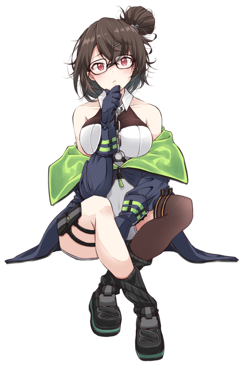 1girl :/ absurdres azur_lane bare_shoulders black-framed_eyewear black_boots black_gloves black_jacket black_socks black_thighhighs boots breasts brown_hair closed_mouth collared_shirt commentary_request crossed_ankles full_body glasses gloves hair_bun hand_on_own_chin hand_up highres ingraham_(azur_lane) jacket jacket_partially_removed large_breasts looking_at_viewer loose_socks mikuchi3939 partial_commentary pouch red_eyes shirt short_hair simple_background single_side_bun single_thighhigh sitting sleeveless sleeveless_shirt socks solo stroking_own_chin thigh_pouch thigh_strap thighhighs two-sided_fabric two-sided_jacket white_background white_shirt