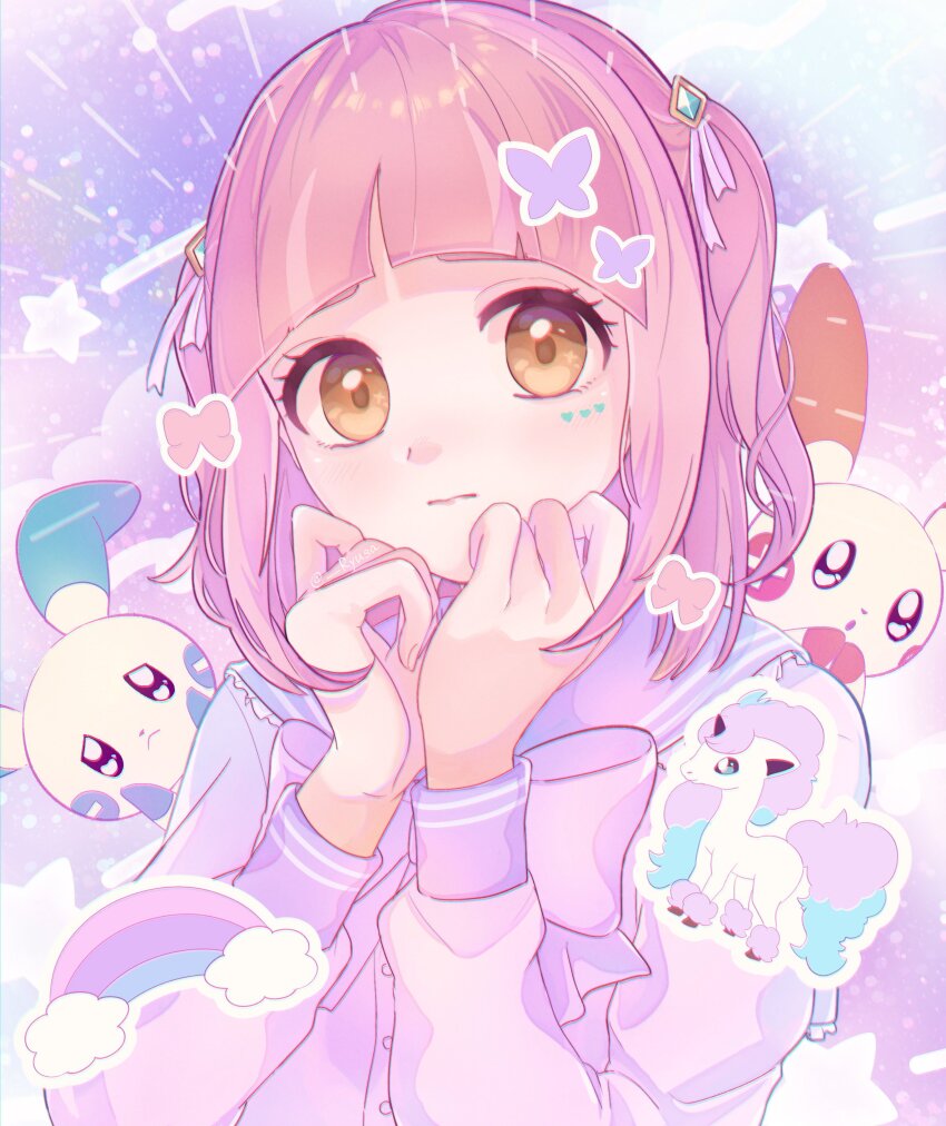 1girl absurdres arched_bangs bow bug butterfly closed_mouth collared_shirt eyelashes frown galarian_form galarian_ponyta gen_3_pokemon gen_8_pokemon hair_ornament hairclip highres insect lacey_(pokemon) lipgloss long_sleeves minun nintendo pink_bow pink_hair plusle pokemon pokemon_(creature) pokemon_sv ryusa_(gjgd7445) shirt solo star_(symbol) yellow_eyes