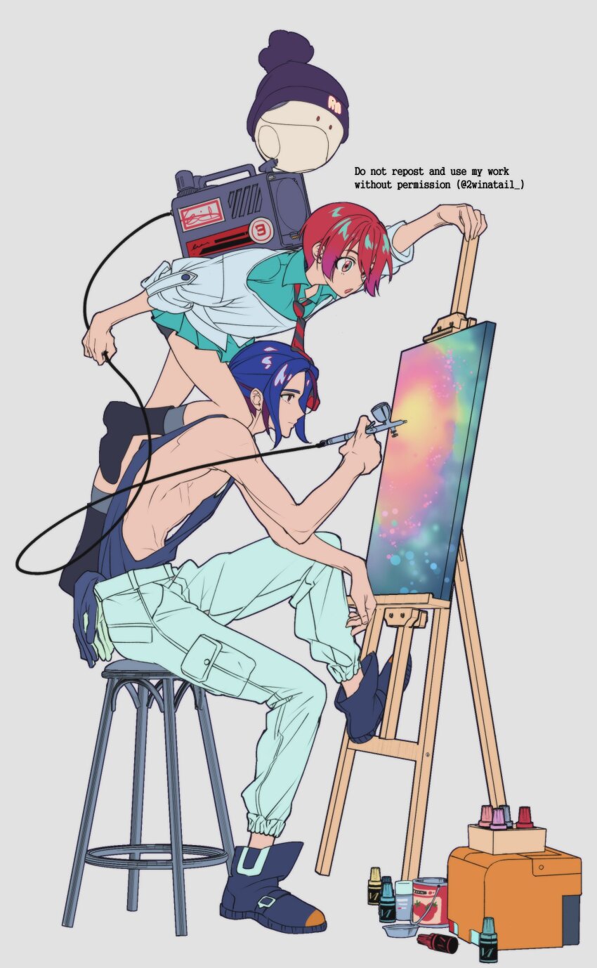 1boy 1girl :o absurdres air_compressor airbrush amate_yuzuriha aqua_shirt aqua_skirt artist_name beanie black_necktie black_shoes blue_hair canvas_(object) diagonal-striped_clothes diagonal-striped_necktie easel expressionless from_side full_body gloves grey_socks gundam gundam_gquuuuuux haro hashtag-only_commentary hat highres necktie non-humanoid_robot paint pleated_skirt profile red_hair red_necktie robot shirt shoes short_hair shuji_ito simple_background sitting skirt sleeves_rolled_up socks stool striped_clothes sweater twitter_username unworn_gloves white_background white_sweater yang_gallae