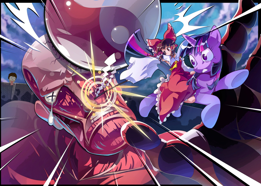 1girl 2boys black_eyes border brown_eyes brown_hair clenched_teeth colossal_titan crossover eren_yeager giant gohei hakurei_reimu highres hitting monster multicolored_hair multiple_boys multiple_crossover muscular my_little_pony my_little_pony:_friendship_is_magic open_mouth oversized_object pony_(animal) purple_eyes riding shingeki_no_kyojin tail tears teeth titan_(shingeki_no_kyojin) touhou twilight_sparkle unicorn wall wide-eyed x_x xin_yu_hua_yin yin_yang zxyon2008