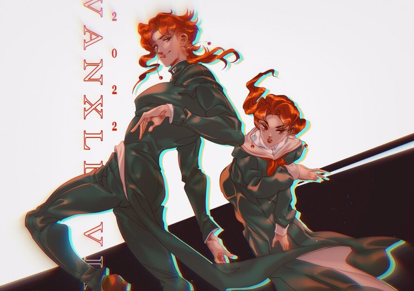 1boy 2022 artist_name closed_mouth commentary earrings english_commentary gakuran highres jewelry jojo_no_kimyou_na_bouken kakyoin_noriaki long_hair long_sleeves looking_at_viewer orange_hair profile sailor_collar school_uniform smile vanxllavina