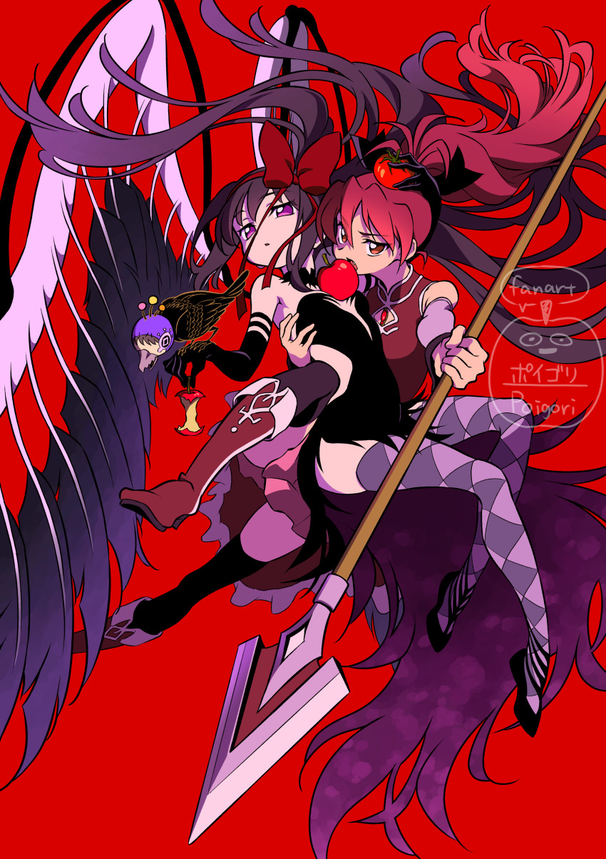 2girls absurdres akemi_homura akuma_homura apple apple_core argyle_clothes argyle_thighhighs bare_shoulders bird bird_on_hand black_bow black_gloves black_hair black_shoes black_thighhighs boots bow carrying carrying_person chest_jewel detached_sleeves dress elbow_gloves fang feathered_wings flats floating_hair food food_in_mouth food_on_head fruit gloves grey_sleeves hair_bow highres holding holding_food holding_fruit long_hair looking_at_viewer magical_girl mahou_shoujo_madoka_magica mahou_shoujo_madoka_magica:_hangyaku_no_monogatari multiple_girls object_on_head poigori polearm ponytail purple_eyes red_background red_boots red_bow red_eyes red_hair sakura_kyoko sakura_kyoko_(magical_girl) shoes side_slit thighhighs tomato weapon wings
