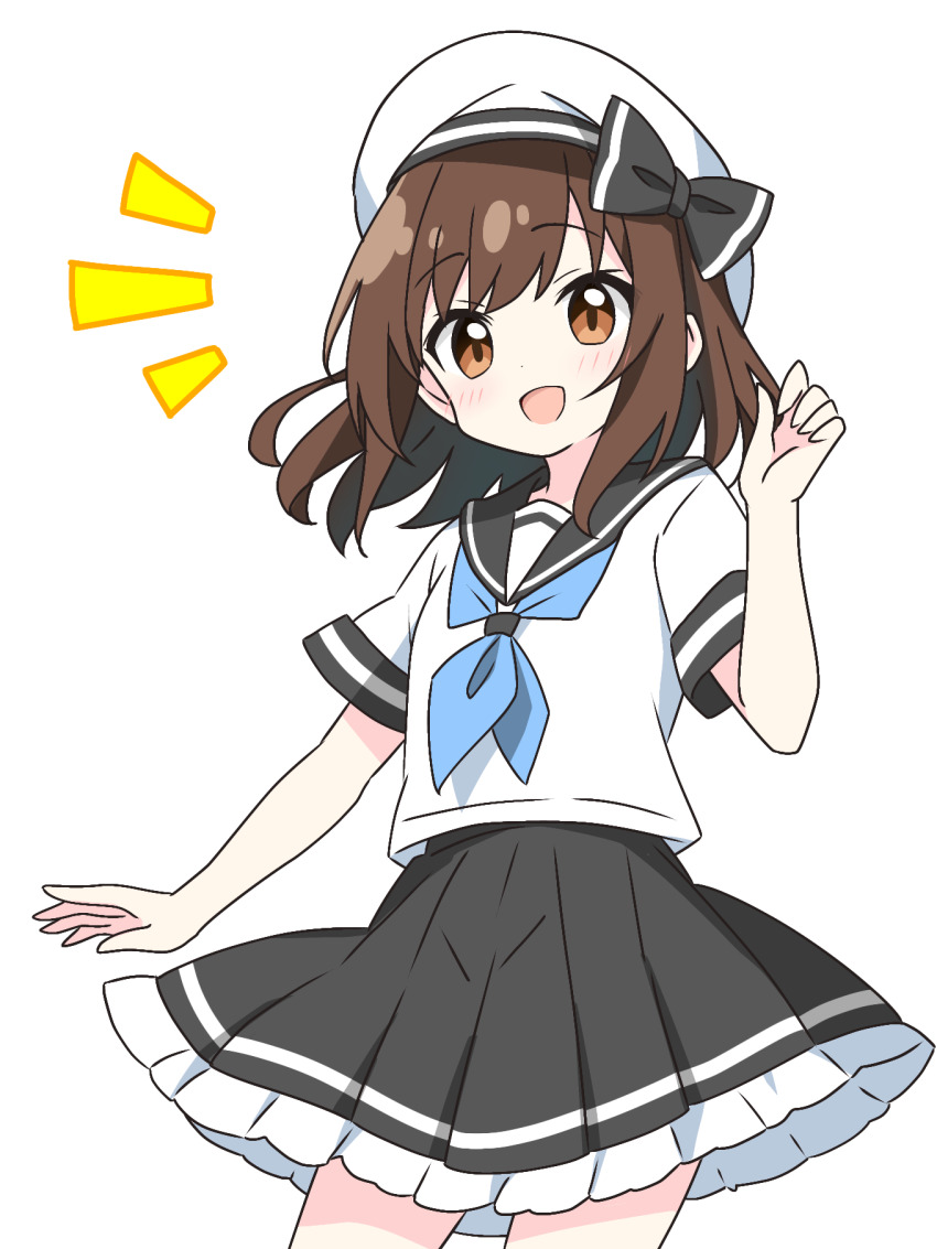 1girl :d black_bow black_sailor_collar black_skirt blue_neckerchief blush bow brown_eyes brown_hair commentary_request cowboy_shot dot_nose frilled_skirt frills hand_up hat hat_bow highres kotatsu-mazoku looking_at_viewer neckerchief notice_lines open_mouth original pleated_skirt sailor_collar school_uniform serafuku shirt short_hair short_sleeves simple_background skirt smile solo white_background white_hat white_shirt
