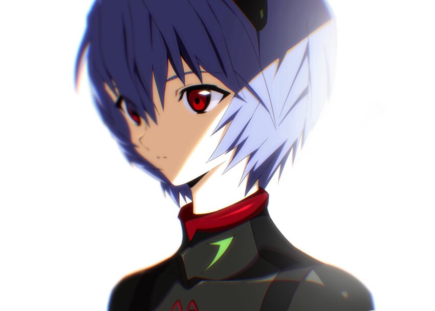 1girl ayanami_rei black_bodysuit blue_hair blurry bodysuit chromatic_aberration closed_mouth commentary english_commentary evangelion:_3.0_you_can_(not)_redo hair_between_eyes headgear highres interface_headset_(evangelion) mecha_pilot_suit miko_heb neon_genesis_evangelion plugsuit_(evangelion) rebuild_of_evangelion red_eyes red_trim shade short_hair simple_background solo white_background