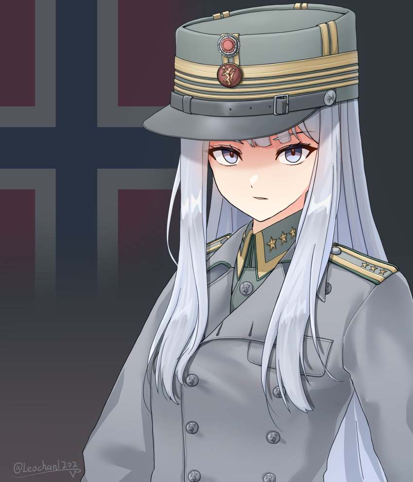 1girl absurdres artist_name buttons coat commentary double-breasted flag_background green_hat green_jacket grey_coat grey_eyes grey_hair hat highres jacket leochan1202 long_hair looking_at_viewer military military_rank_insignia military_uniform norway norwegian_army norwegian_flag open_mouth original peaked_cap shoulder_boards sidelocks solo upper_body world_war_ii