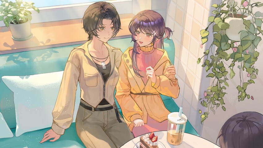 2girls :d antenna_hair arm_around_shoulder belt black_belt black_hair black_shirt brown_belt brown_hair brown_jacket brown_pants bubble_tea buttons cake cake_slice clenched_hand closed_mouth cup dessert drink drinking_straw eleanor_si flower food fruit game_cg hair_ornament hairclip hand_up hanging_plant highres jacket layered_clothes leaf leather leather_jacket long_hair love_curse:_find_your_soulmate multicolored_hair multiple_girls non-web_source official_art open_mouth pale_skin pants pillow pink_eyes pink_flower pink_hair pink_skirt pink_sweater plant plate potted_plant purple_hair selene_yan shirt short_hair side_ponytail sitting skirt smile strawberry strawberry_cake sweater tile_wall tiles two-tone_hair yellow_eyes yuri zipper zipper_pull_tab