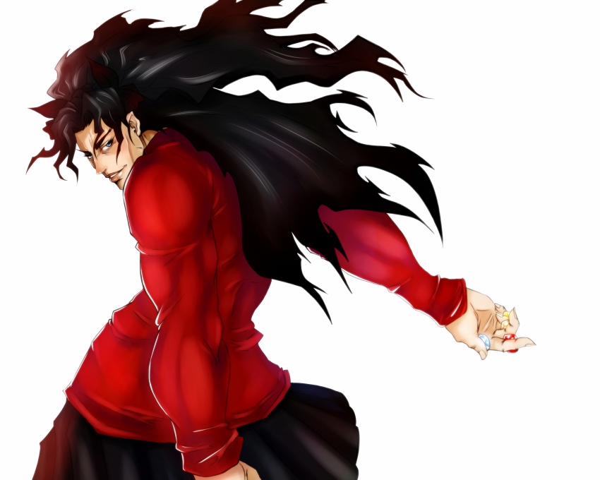 1girl absurdres araki_hirohiko_(style) arm_behind_back between_fingers black_hair blouse blue_eyes crossover fate/stay_night fate_(series) female_focus hair_ribbon highres holding jojo jojo_no_kimyou_na_bouken long_hair looking_back manly miniskirt muscular muscular_female parody raul_perez_gonzales red_shirt ribbon self-upload shirt simple_background skirt solo style_parody tohsaka_rin twintails two_side_up type-moon very_long_hair white_background