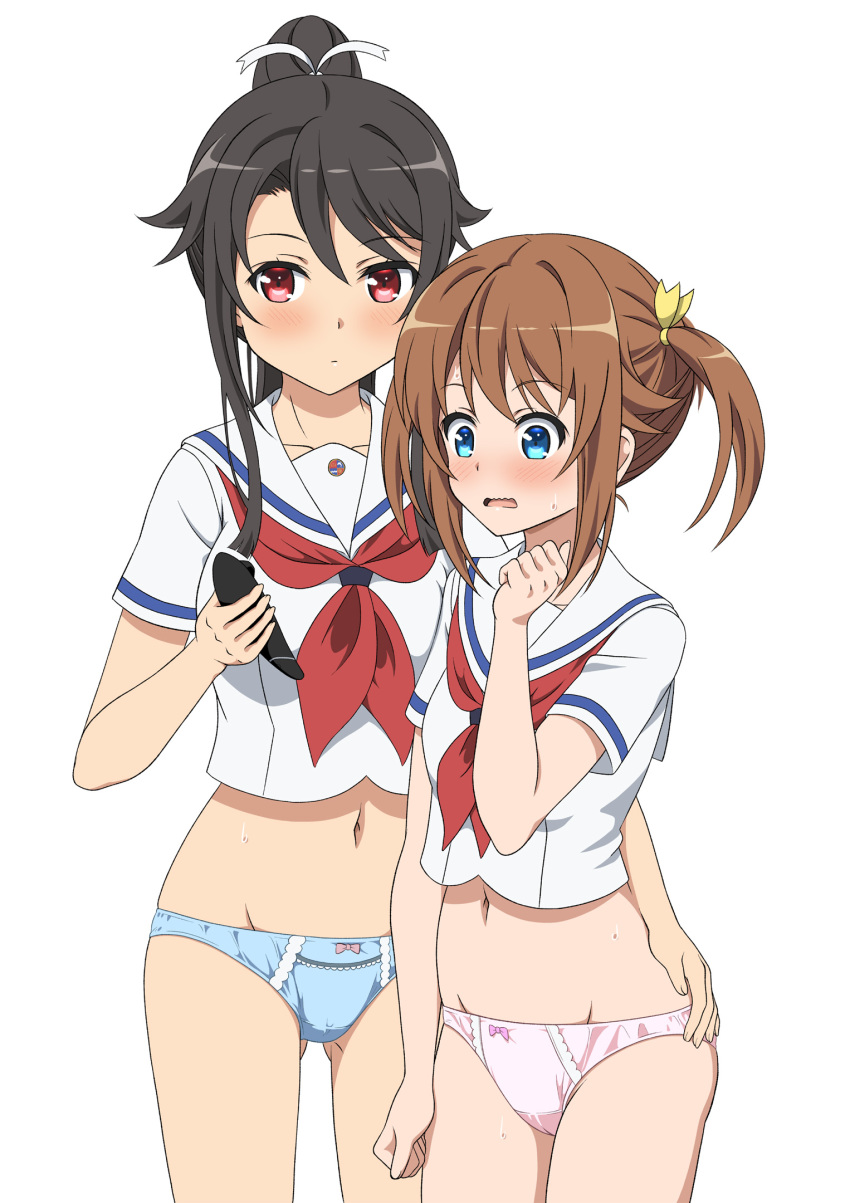 2girls black_hair blue_eyes blue_panties brown_hair commentary_request cowboy_shot high_school_fleet highres hiraizumi_(mugenkidousha) long_hair misaki_akeno multiple_girls munetani_mashiro neckerchief no_pants panties pink_panties ponytail red_eyes red_neckerchief sailor_collar sailor_shirt school_uniform serafuku shirt short_hair simple_background standing twintails underwear white_background white_sailor_collar yokosuka_girls_marine_high_school_uniform