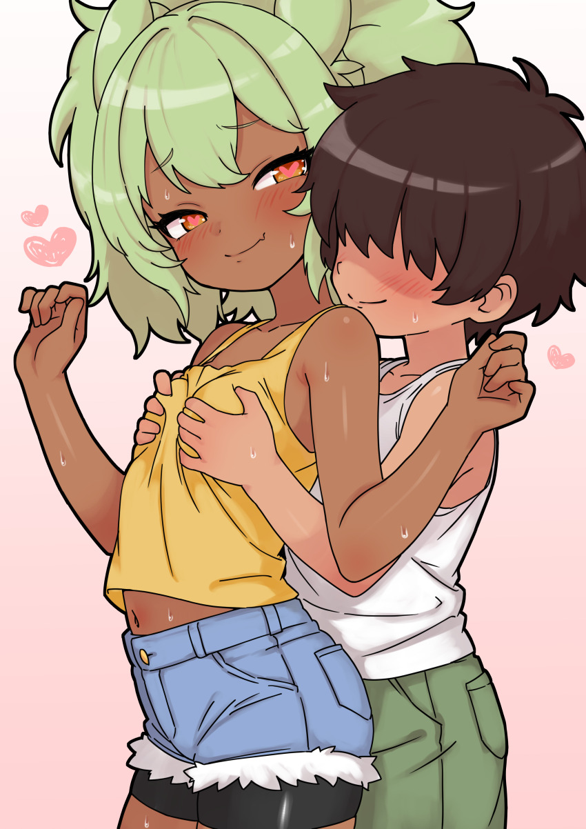 1boy 1girl blush breasts dark-skinned_female dark_skin denim fang fangs grabbing_another&#039;s_breast green_hair groping heart heart-shaped_pupils highres humotaru kodomo_doushi loli orange_eyes original shorts shota skin_fang sweat symbol-shaped_pupils tank_top