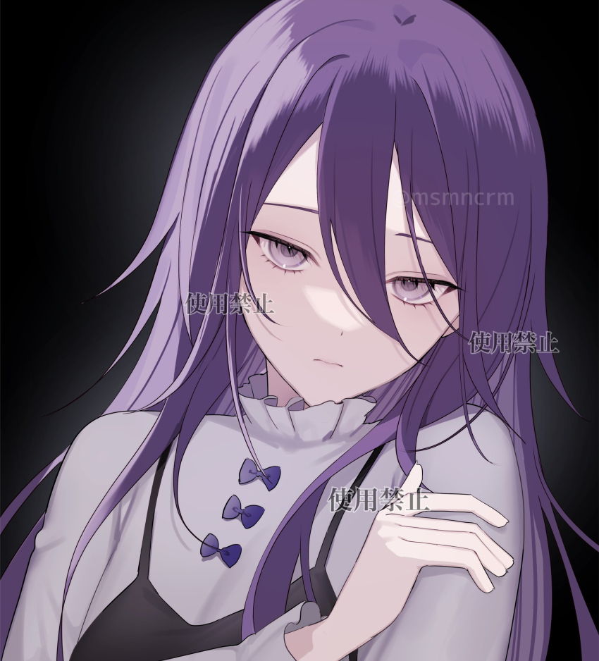 black_background black_dress bow closed_mouth collar commentary_request commission dress frilled_collar frills hair_between_eyes hand_on_own_arm hand_up highres kumo_tabetai long_hair long_sleeves looking_at_viewer original purple_bow purple_eyes purple_hair shirt simple_background upper_body watermark white_shirt