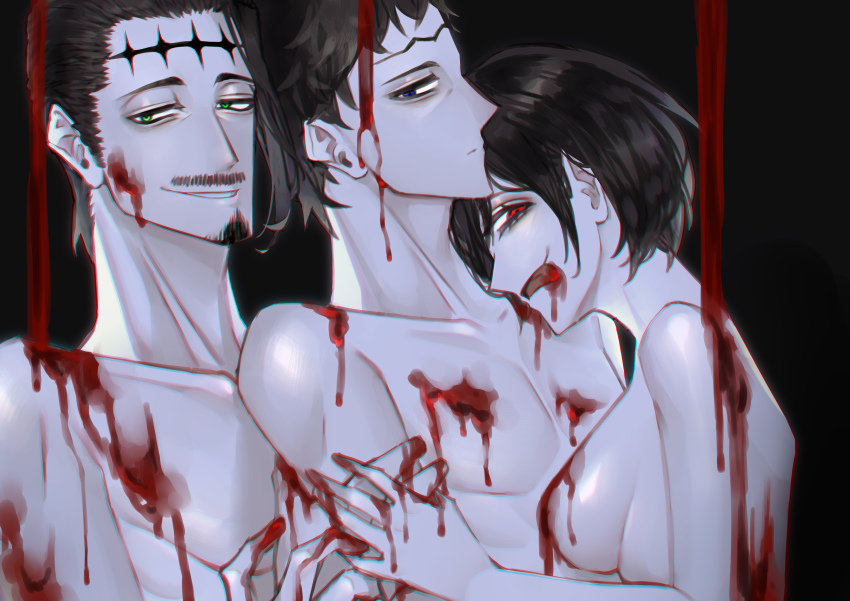 1girl 2boys absurdres black_background black_clover black_hair blood blood_in_mouth blood_on_face blood_on_hands blue_eyes breasts brother_and_sister brothers collarbone convenient_censoring dante_zogratis expressionless extra_hands facial_hair facial_mark frit_2 goatee green_eyes grin highres incest looking_at_viewer multiple_boys mustache red_eyes short_hair siblings sideboob sideburns sideways_glance sideways_mouth single_sidelock smile smirk tongue tongue_out topless_female topless_male upper_body vanica_zogratis zenon_zogratis