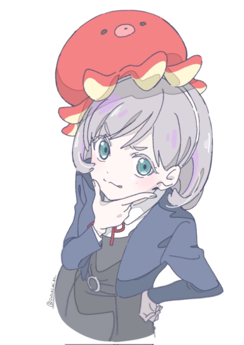 1girl :q animal animal_on_head aqua_eyes blue_jacket collared_shirt colored_eyelashes dress grey_hair hairband hand_on_own_chin hand_on_own_hip highres jacket long_sleeves looking_at_viewer love_live! love_live!_superstar!! octopus on_head pinafore_dress school_uniform shirt short_hair simple_background sleeveless sleeveless_dress smile solo sugimoto_miho tang_keke tongue tongue_out v-shaped_eyebrows white_background white_shirt