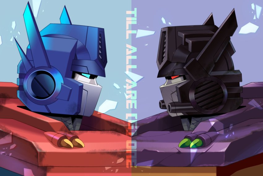2boys alternate_universe armor autobot black_horns blue_background blue_eyes blue_horns catchphrase from_side highres horns lantana0_0 lights male_focus mask mecha mirror mirror_twins motor_vehicle multiple_boys opposing_sides optimus_prime optimus_prime_(shattered_glass) piston profile purple_armor purple_background red_armor red_eyes robot transformers transformers_shattered_glass truck upper_body