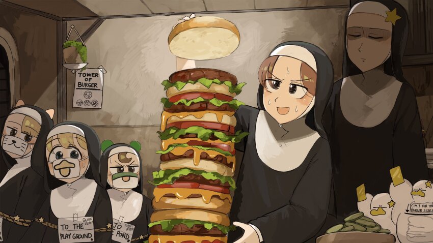 4girls :d bird blonde_hair blue_eyes brown_eyes brown_hair burger chicken closed_eyes clumsy_nun_(diva) commentary dagwood_sandwich diva_(hyxpk) duck english_commentary food frog_headband froggy_nun_(diva) habit highres hungry_nun_(diva) little_nuns_(diva) multiple_girls nun open_mouth plant poster_(object) potted_plant slice_of_life smile spicy_nun_(diva) star_nun_(diva) star_ornament too_much_burger too_much_food traditional_nun yellow_card yellow_eyes