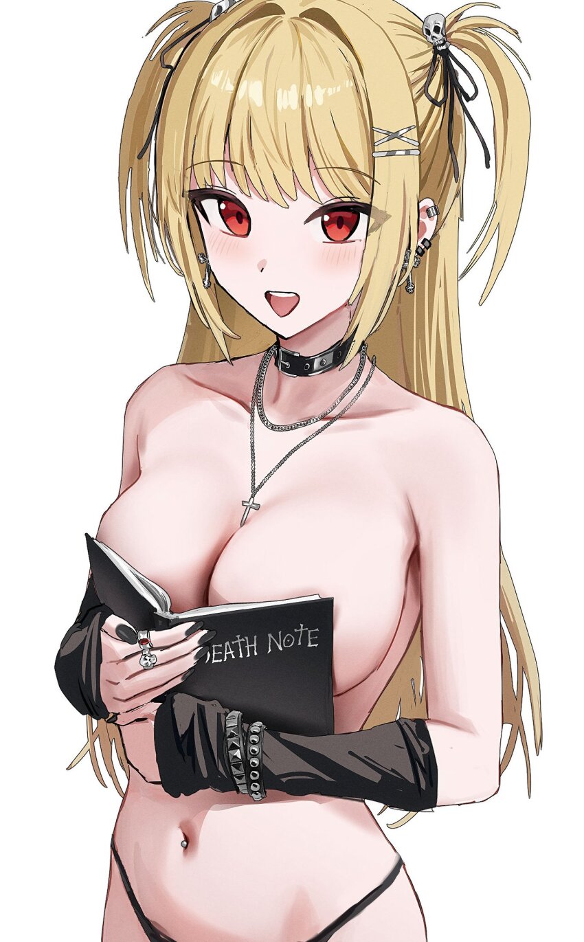 1girl amane_misa bare_shoulders black_arm_warmers black_choker black_nails black_panties blonde_hair blush boobs_in_book_(meme) book breasts choker commentary cross cross_earrings cross_necklace death_note death_note_(object) ear_piercing earrings fingernails hair_intakes hair_ornament hashtag-only_commentary highres holding holding_book jewelry large_breasts looking_at_viewer meme nail_polish navel_piercing necklace open_mouth panties piercing red_eyes ring simple_background skrillex_li skull_hair_ornament smile solo teeth topless_female two_side_up underwear upper_body upper_teeth_only white_background
