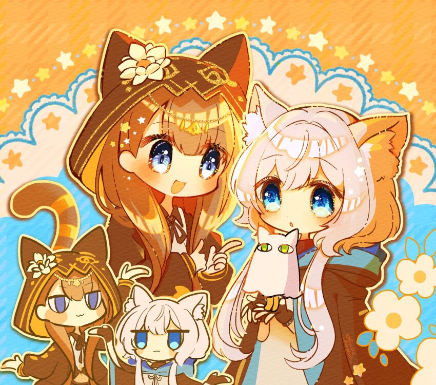 2girls :3 :d :o animal_ear_fluff animal_ears animal_hood arknights black_gloves black_jacket blue_eyes cat_ears chibi closed_mouth commentary_request dress egyptian_mythology fake_animal_ears fingerless_gloves flower gloves grey_hair highres hood hood_down hood_up hooded_jacket jacket long_sleeves medjed_(mythology) multiple_girls oonohara_kenya open_clothes open_jacket open_mouth parted_lips pepe_(arknights) puffy_long_sleeves puffy_sleeves rosmontis_(arknights) sleeves_past_wrists smile star_(symbol) white_dress white_flower