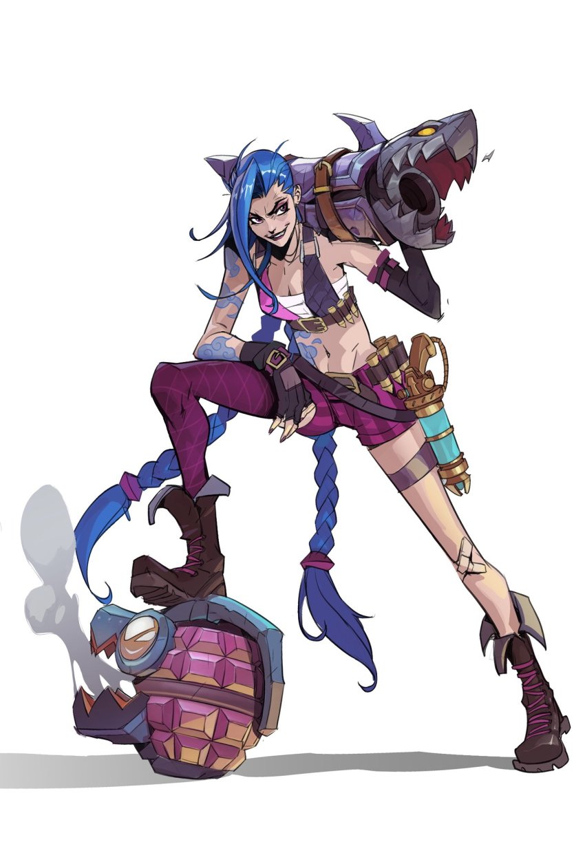 1girl asymmetrical_bangs bandaid bandaid_on_knee bandaid_on_leg bare_shoulders belt blue_hair boots braid breasts brown_boots bullet cleavage detached_sleeves explosive fingerless_gloves full_body gloves grenade grin gun hicham_habchi highres holding holding_weapon jinx_(league_of_legends) knee_up league_of_legends long_hair navel oversized_object pink_shorts rocket_launcher shorts single_fingerless_glove single_leg_pantyhose small_breasts smile smoke solo stomach striped_clothes striped_shorts teeth twin_braids weapon