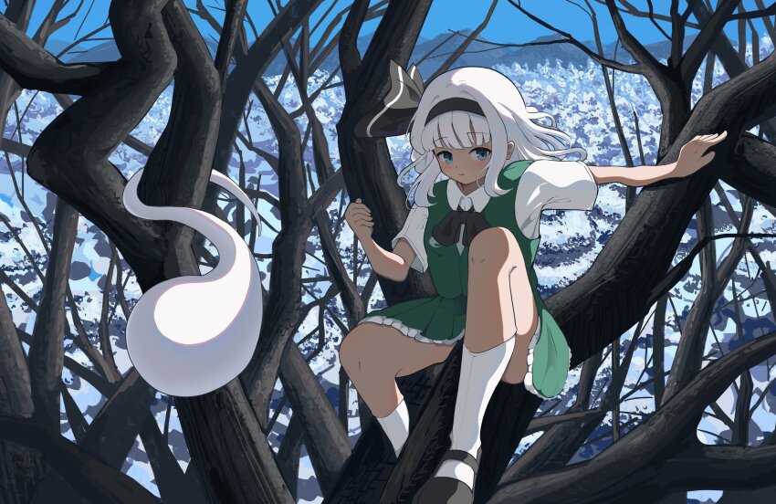 1girl absurdres black_bow black_bowtie black_hairband black_shoes blue_eyes bow bow_hairband bowtie commentary day green_skirt green_vest guaninekoubou hairband highres hitodama konpaku_youmu konpaku_youmu_(ghost) looking_at_viewer mary_janes medium_hair outdoors scenery shoes sitting_on_branch skirt socks solo touhou tree vest white_hair white_socks