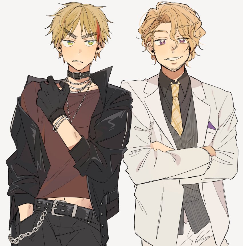 2boys absurdres axis_powers_hetalia belt black_belt black_gloves black_jacket black_pants black_shirt blonde_hair chain collarbone collared_shirt commentary_request cowboy_shot crossed_arms earrings facial_hair formal_clothes france_(hetalia) gloves green_eyes grey_vest hair_between_eyes hand_in_pocket hand_on_own_shoulder hand_up highres jacket jewelry lapels leather leather_jacket long_sleeves looking_at_another looking_at_viewer male_focus multicolored_hair multiple_boys necklace necktie ninonuko official_alternate_costume open_clothes open_jacket pants plaid_clothes plaid_necktie puffy_long_sleeves puffy_sleeves purple_eyes red_hair red_shirt shirt short_hair simple_background smile standing streaked_hair suit suit_jacket teeth united_kingdom_(hetalia) v-shaped_eyebrows vest white_background white_jacket white_pants yellow_necktie