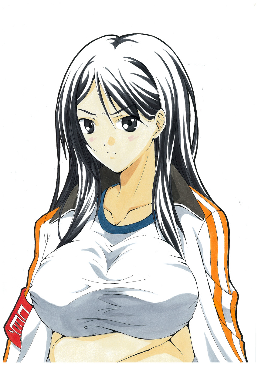 1girl a_certain_high_school_gym_uniform absurdres alternate_eye_color armband arms_under_breasts bare_arms black_eyes black_hair breasts closed_mouth crossed_arms fukiyose_seiri gym_shirt gym_uniform hair_between_eyes highres jacket jacket_on_shoulders large_breasts light_blush long_hair long_sleeves looking_at_viewer maron_(jkpersona5705orz) no_emblem open_clothes open_jacket red_armband shirt sidelocks simple_background solo toaru_majutsu_no_index toaru_majutsu_no_index:_old_testament track_jacket traditional_media white_background white_jacket white_shirt