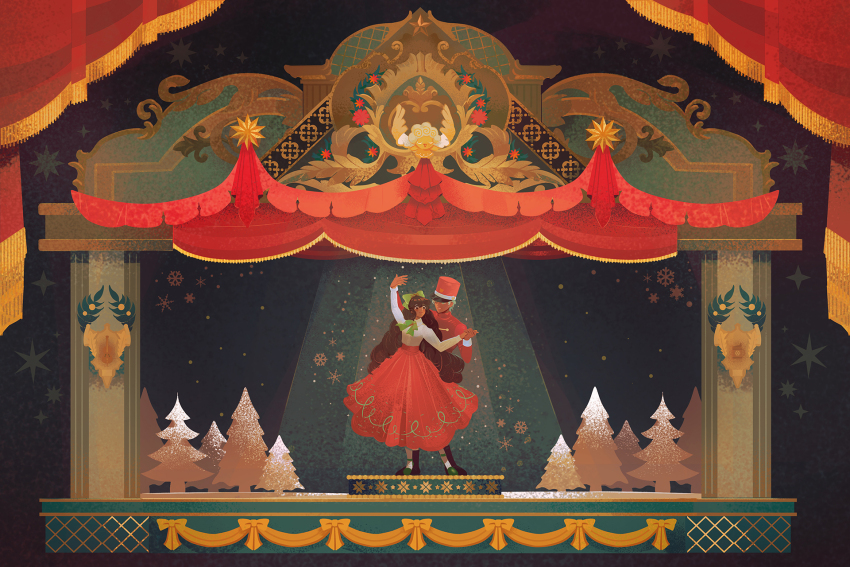 1boy 1girl arm_up bandal bow brown_hair cocoa_cookie cookie_run curtains dancing green_bow green_shoes hat highres jacket long_hair mint_choco_cookie pantyhose pine_tree red_jacket red_skirt shako_cap shirt shoes skirt snowflakes spotlight stage stage_curtains the_nutcracker tree very_long_hair white_pantyhose white_shirt