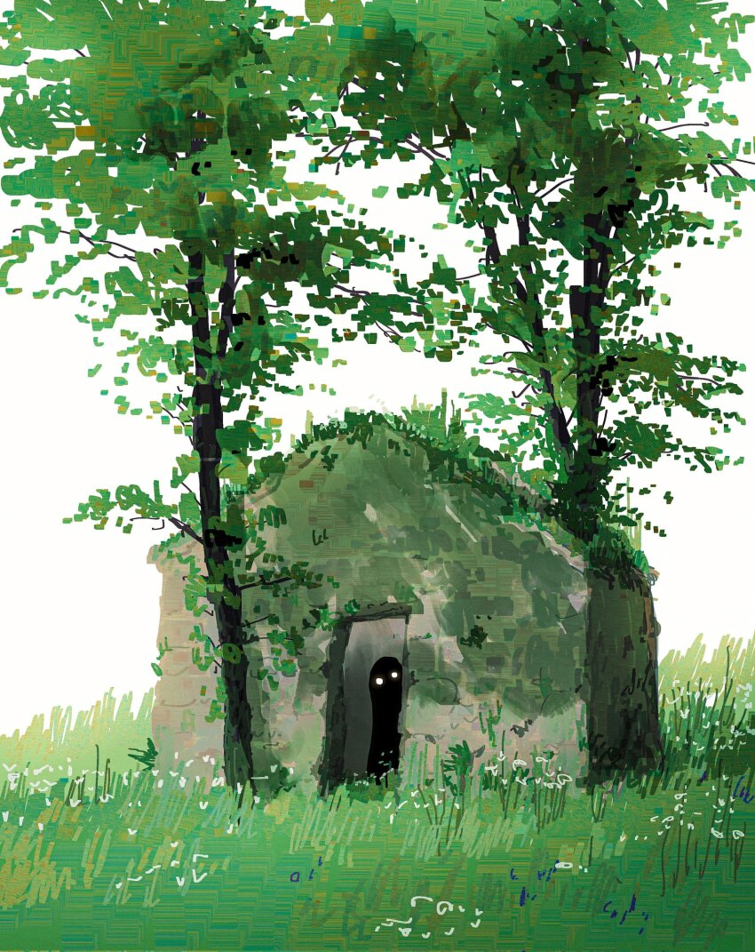 alariko day flower grass highres hut looking_at_viewer no_humans original plant scenery shadow silhouette sky tree white_background white_flower white_sky