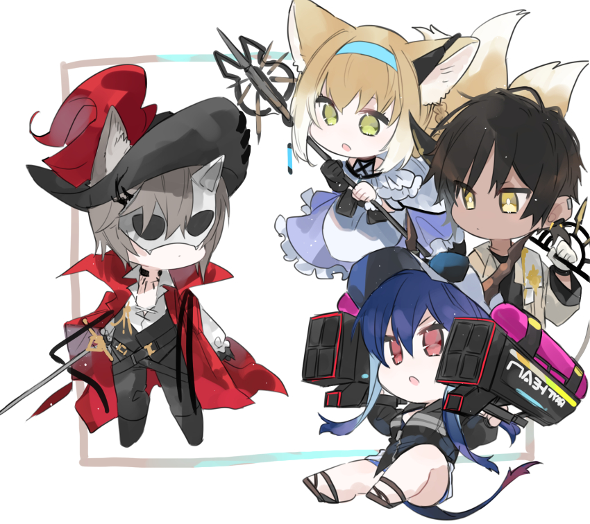 2boys 2girls animal_ears arknights bare_shoulders baseball_cap black_gloves black_hair black_headwear black_pants blonde_hair blue_hair cat_boy cat_ears ch&#039;en_(arknights) ch&#039;en_the_holungday_(arknights) chibi cloak closed_mouth clothing_cutout commentary_request dark-skinned_male dark_skin dragon_girl dragon_horns dragon_tail dress earpiece eyewear_on_headwear fox_ears fox_girl fox_tail gloves green_eyes grey_hair hair_between_eyes hat highres holding holding_staff horns jacket kitsune kyuubi long_hair long_sleeves material_growth multiple_boys multiple_girls multiple_tails open_mouth oripathy_lesion_(arknights) pants phantom_(arknights) phantom_(focus)_(arknights) purple_dress red_cloak red_eyes shirt short_hair shoulder_cutout single_glove staff suzuran_(arknights) tail thorns_(arknights) white_headwear white_jacket white_shirt yakota_(usuk-yako) yellow_eyes