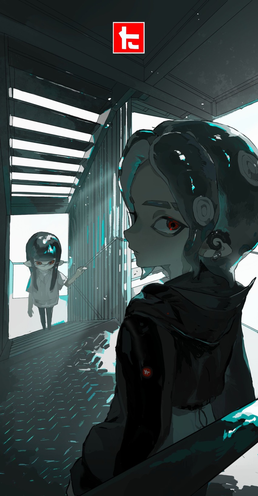 1boy 1girl absurdres black_hair black_hoodie black_pants chinese_commentary closed_mouth commentary_request earrings grey_pants highres hood hood_down hoodie inkling inkling_boy inkling_girl inkling_player_character jewelry kuma_(yoooooooo152) light_particles long_hair long_sleeves nintendo pants pointy_ears procreate_(medium) red_eyes shirt short_hair sidelocks splatoon_(series) spot_color stairs sweater_vest tentacle_hair three_quarter_profile white_shirt white_sweater_vest