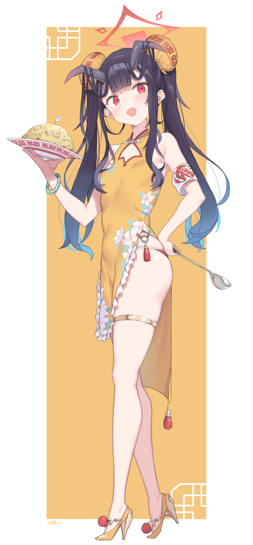1girl absurdres bare_shoulders black_hair blue_archive blush bun_cover china_dress chinese_clothes cloba demon_horns double_bun dress fang full_body fuuka_(blue_archive) gradient_hair hair_bun hair_on_horn hair_ornament halo high_heels highres holding holding_ladle holding_plate horns jewelry ladle long_hair looking_at_viewer multicolored_hair open_mouth panties pelvic_curtain plate print_dress red_eyes shoes skin_fang sleeveless sleeveless_dress solo tassel thighlet thighs twintails underwear yellow_shoes