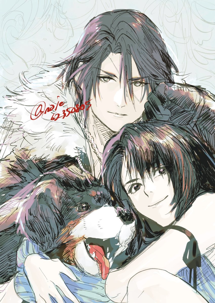 1boy 2girls angelo_(ff8) arm_ribbon arm_warmers arms_around_neck bare_shoulders black_gloves black_hair black_jacket black_ribbon blue_cardigan brown_hair cardigan dog final_fantasy final_fantasy_viii fur_collar gloves hair_between_eyes hand_on_another&#039;s_head highres jacket long_hair long_sleeves multicolored_hair multiple_girls noie_(neunteedelstein) parted_bangs ribbon rinoa_heartilly scar scar_on_face scar_on_forehead short_hair smile squall_leonhart streaked_hair tongue tongue_out twitter_username upper_body